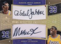 2005 Upper Deck Exquisite Collection Scripted Swatches Dual #DSSAJ Kareem Abdul-Jabbar/Magic Johnson Basketball Card