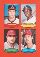 2023 Topps Heritage 1974 Topps Baseball Stamps # Frank Robinson/Mike Trout/Nolan Ryan/Shohei Ohtani Red Baseball Card