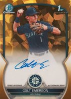 2023 Bowman Draft Sapphire Edition Chrome Prospect Autographs #CDACE Colt Emerson Gold Baseball Card