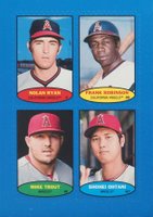 2023 Topps Heritage 1974 Topps Baseball Stamps # Frank Robinson/Mike Trout/Nolan Ryan/Shohei Ohtani Blue Baseball Card