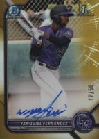 2022 Bowman Chrome Prospect Autographs #CPAYFZ Yanquiel Fernandez Gold Refractor Baseball Card