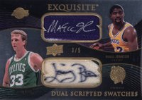 2007 UD Exquisite Collection Dual Scripted Autograph Swatch #DS-JB Larry Bird/Magic Johnson Basketball Card