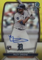 2023 Bowman Chrome Rookie Autographs #CRARG Riley Greene Yellow Refractor Baseball Card