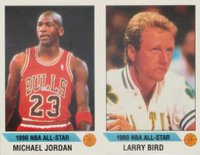 1990 Panini Sticker # Larry Bird-H/Michael Jordan-G Panel-Hand Cut Basketball Card