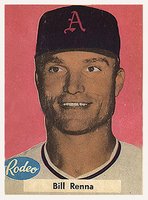 1955 Rodeo Meats Athletics #30 Bill Renna Dark Pink Background Baseball Card