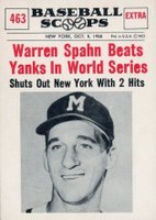 1961 Nu-Card Baseball Scoops #463 Warren Spahn Beats Yanks in World Series Baseball Card