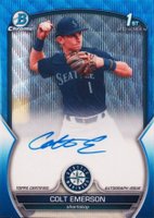 2023 Bowman Draft Chrome Prospect Autograph #CDACE Colt Emerson Blue Wave Baseball Card
