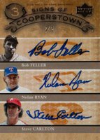 2005 Upper Deck Hall of Fame Signs of Cooperstown Triple Autograph #FRC Bob Feller/Nolan Ryan/Steve Carlton Gold Baseball Card