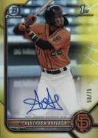 2022 Bowman Chrome Prospect Autographs #CPAAA Aeverson Arteaga Yellow Refractor Baseball Card