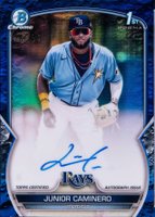 2023 Bowman Chrome Prospect Autographs #CPAJCR Junior Caminero Blue Lunar Crater Refractor Baseball Card
