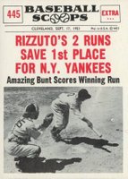 1961 Nu-Card Baseball Scoops #445 Rizzuto Two Runs Saves 1st Place Baseball Card