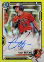 2021 Bowman Chrome Prospect Autographs #CPACMA Coby Mayo Yellow Refractor Baseball Card