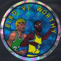 1985 Prism/Jewel Stickers #3 Bird vs. Worthy Basketball Card