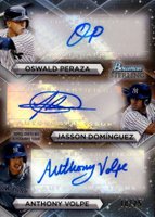 2023 Bowman Sterling Triple Refractor Autographs #TRAPDV Anthony Volpe/Jasson Dominguez/Oswald Peraza Baseball Card