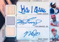 2015 Topps Triple Threads Autograph Relic Combos #AGT Hank Aaron/Ken Griffey Jr./Mike Trout Baseball Card