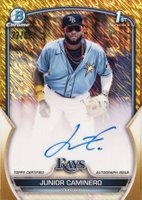 2023 Bowman Chrome Prospect Autographs #CPAJCR Junior Caminero Gold Shimmer Baseball Card