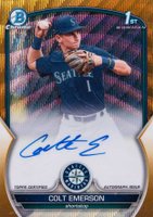 2023 Bowman Draft Chrome Prospect Autograph #CDACE Colt Emerson Gold Wave Baseball Card