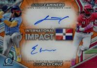 2024 Bowman Chrome International Impact Autographs #IICD Elly de La Cruz/Junior Caminero Orange Refractor Baseball Card