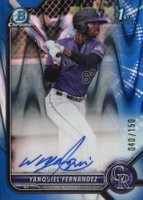 2022 Bowman Chrome Prospect Autographs #CPAYFZ Yanquiel Fernandez Blue Raywave Refractor Baseball Card