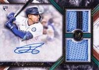 2022 Topps Museum Collection Single-Player Signature Swatches Dual Relic Autographs #JROD Julio Rodriguez Gold Baseball Card
