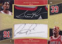 2005 Upper Deck Exquisite Collection Scripted Swatches Dual #DSSPR Scottie Pippen/Dennis Rodman Basketball Card